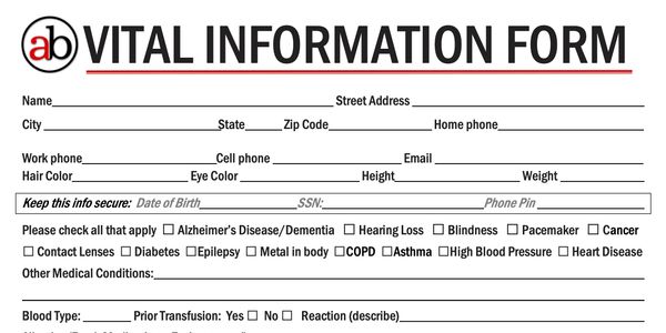 Vital Information Form for hospital stays or vacations to help others know about personal info.