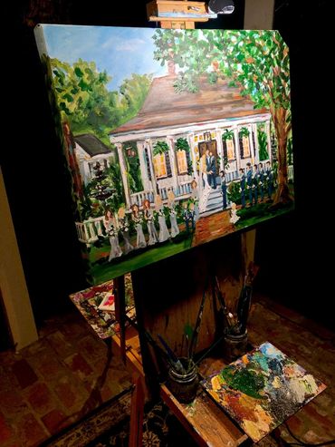 live wedding painting of a ceremony with the bride and groom