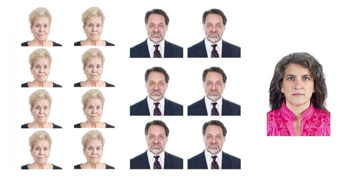 Collage of multiple identical portraits of two older adults and one colorful portrait of a middle-aged woman.