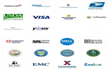A collage of various corporate and government logos, including USDA, Visa, Dell, and USPS.