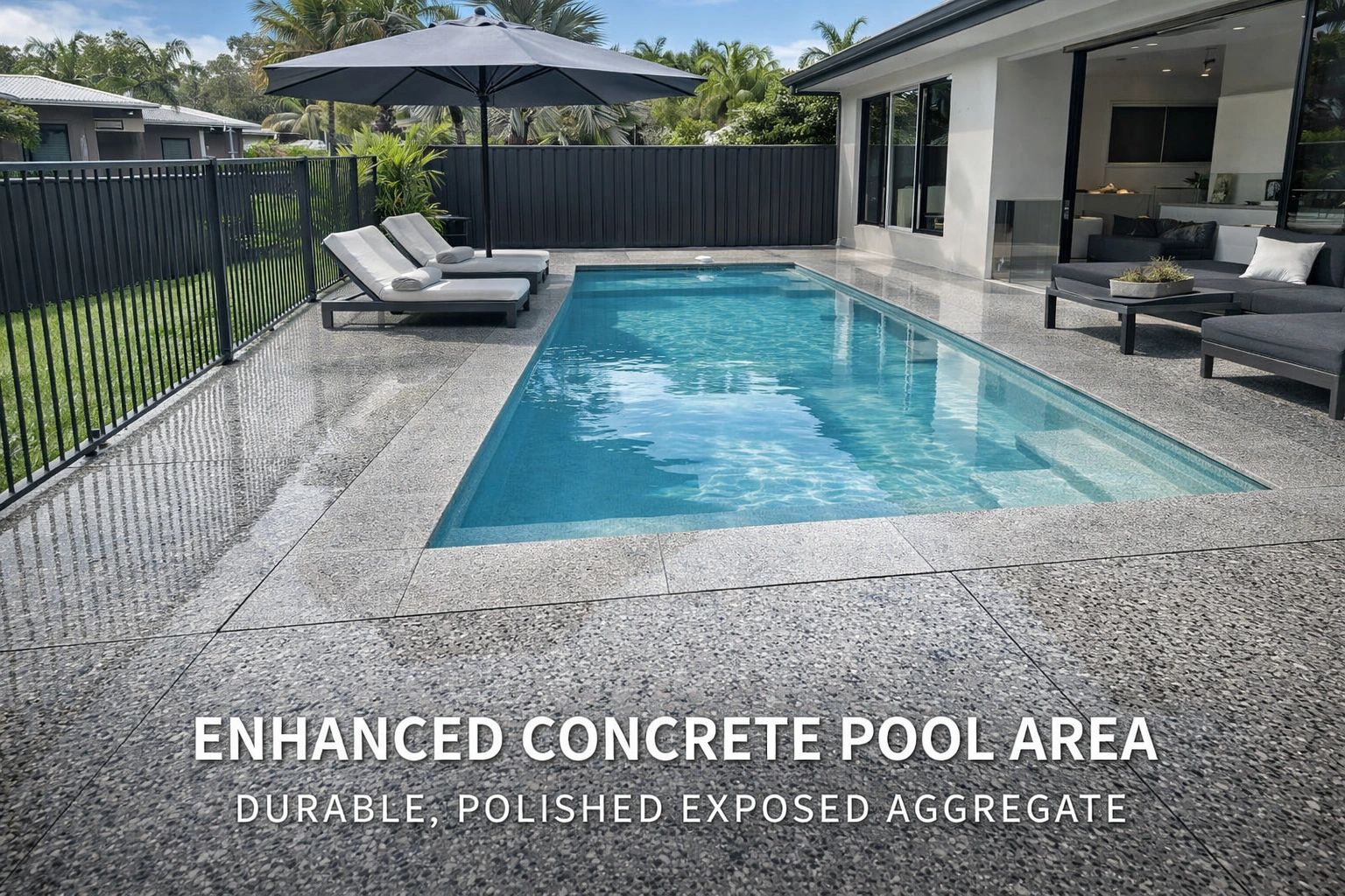 Polished exposed aggregate concrete surrounds a modern backyard pool.