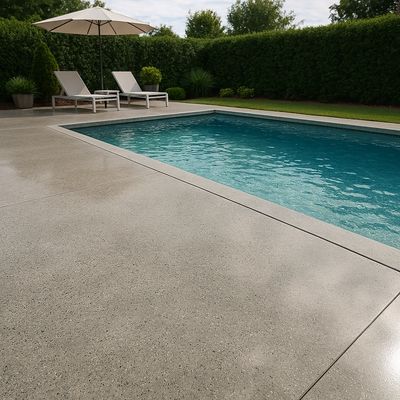 Outdoor pool with lounge chairs and umbrella.