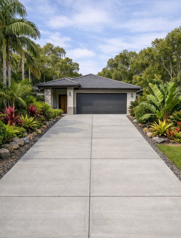 Modern house with a long driveway and lush landscaping.
