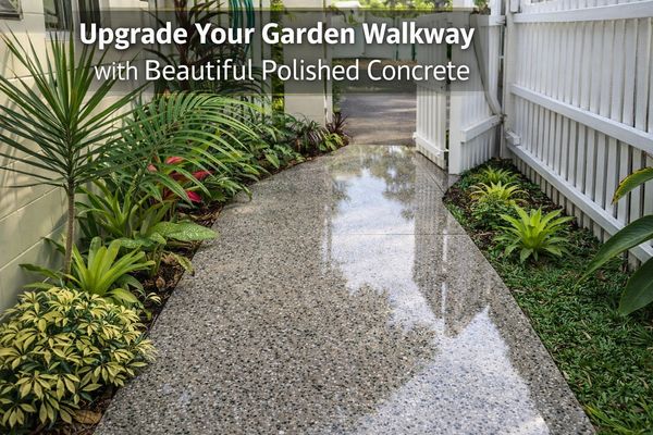 Polished concrete garden walkway surrounded by lush greenery.