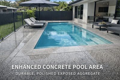 Modern pool area with polished concrete and lounge chairs.