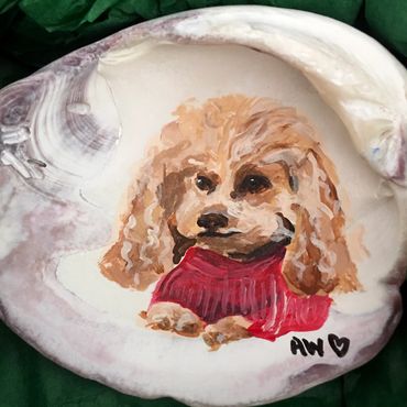 Pet Portrait of dog. Acrylic on seashell.