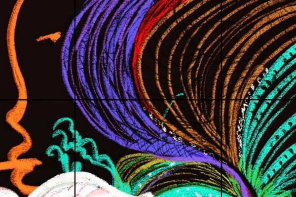Colorful abstract chalk drawing with profile and swirling lines.