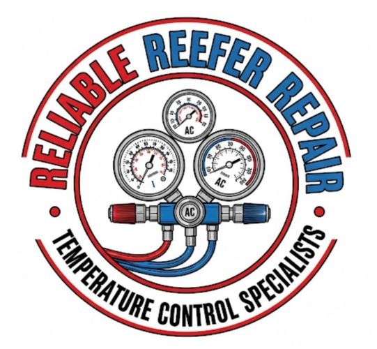 Logo for Reliable Reefer Repair, temperature control specialists, featuring AC gauges.