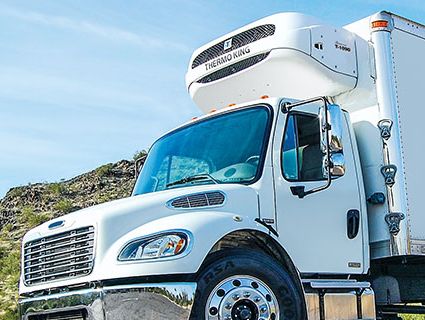 White refrigerated truck parked outdoors near rocky terrain.