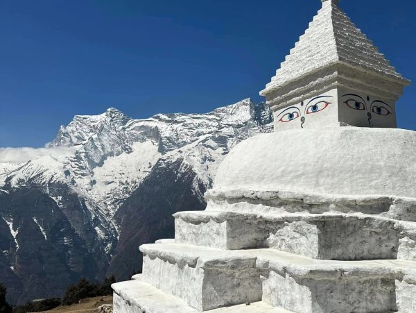 White stupa with painted eyes against snowy mountains and clear blue sky.