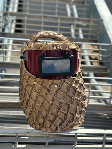 CHERRY RED WELDING HOOD WITH SMOKED CREME EXOTIC PIRARUCU FISH WELDING HOOD