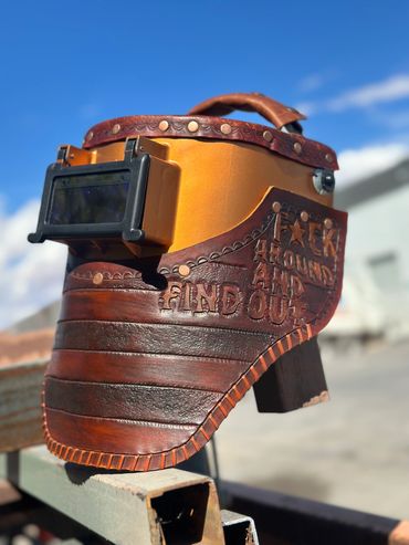Leather welding hood customized with FAAFO