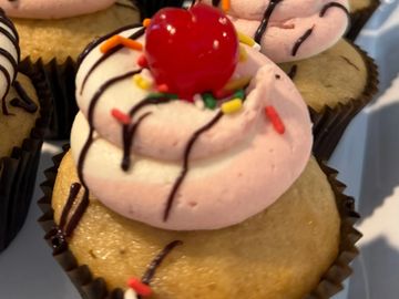 A cupcake with pink frosting, chocolate drizzle, sprinkles, and a cherry on top.