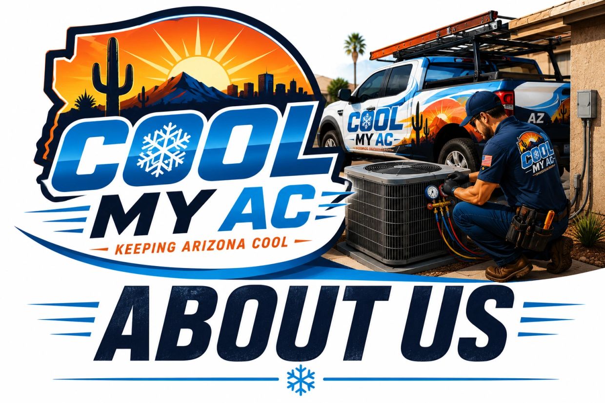 Technician servicing AC unit with Cool My AC branded truck and logo, emphasizing Arizona cooling.