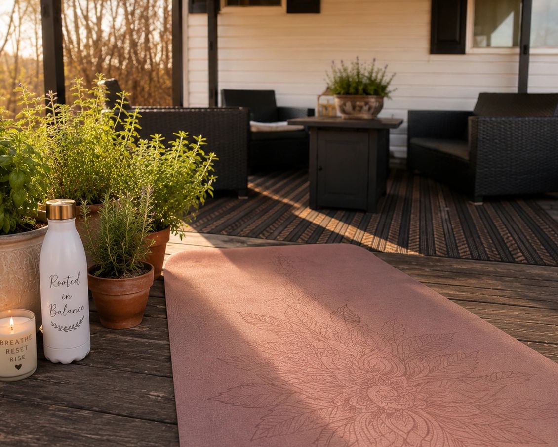 Peaceful outdoor yoga setup with plants and candle.