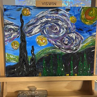 A colorful abstract painting inspired by Starry Night.