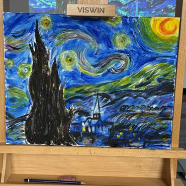 Impressionist night sky painting with swirling stars and buildings.