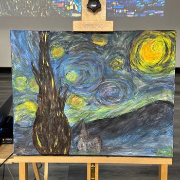 Painting inspired by Starry Night with swirling sky and cypress tree.