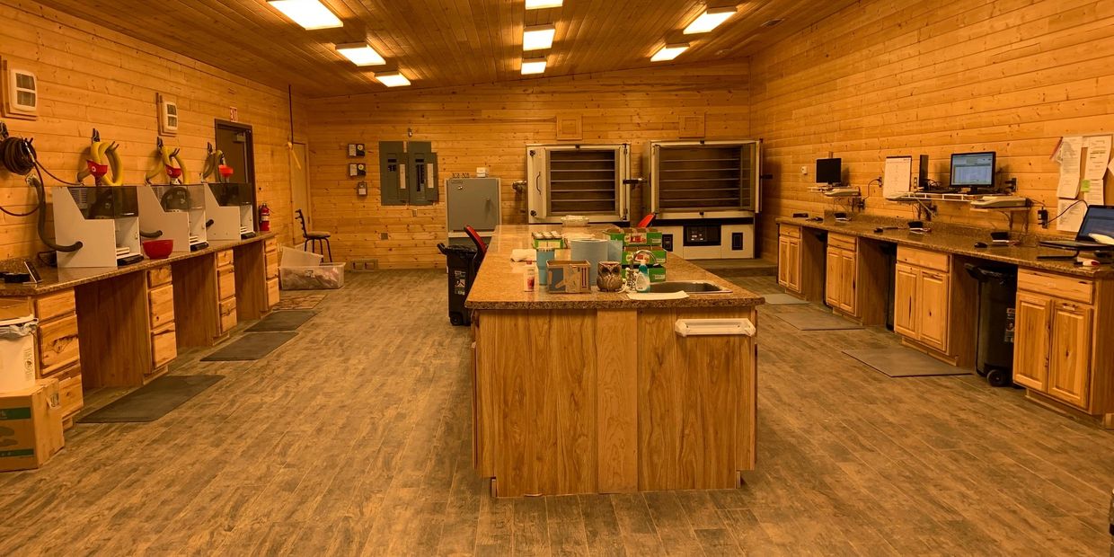 Spacious wooden laboratory with multiple workstations and equipment.