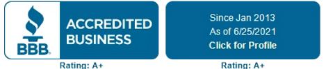 BBB Accredited Business badge with A+ rating since 2013.
