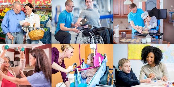 Collage showing people with disabilities engaged in various activities with support.