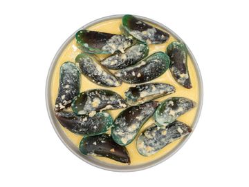 Fresh mussels in creamy sauce on a white plate.