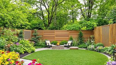 Cozy backyard with fire pit, chairs, and lush greenery.