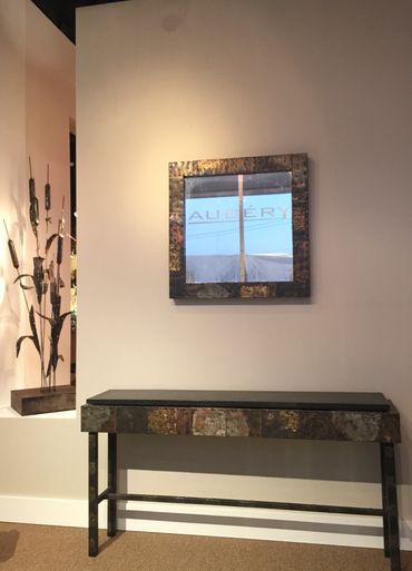 1970s Paul Evans Console And Mirror, Copper, Bronze, Pewter, Cleft Slate @ AUBERY Miai, Sold.