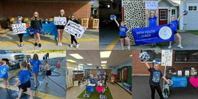 Youth cheerleaders holding signs and performing in a collage of outdoor and indoor scenes.