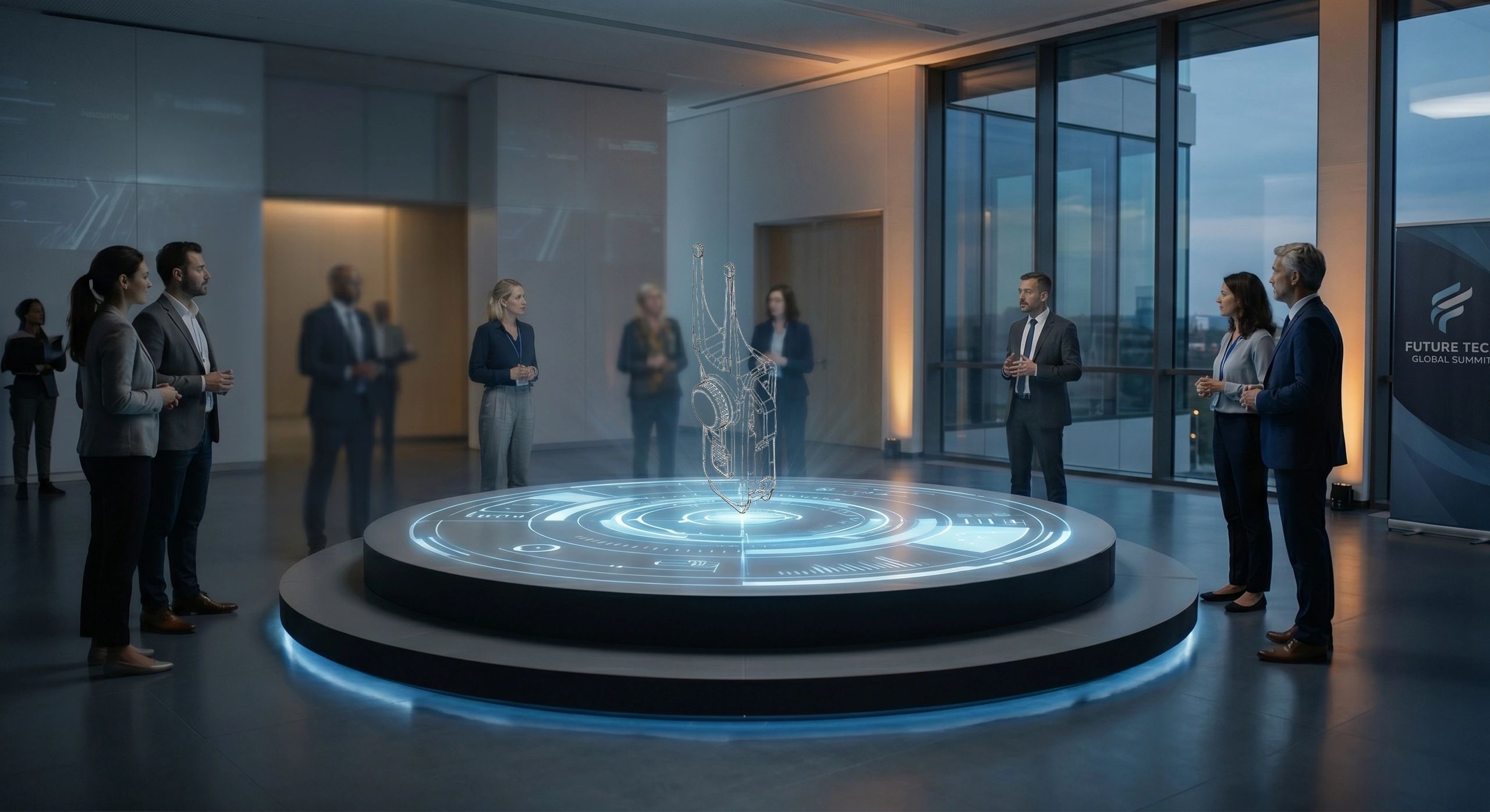 Business group observing a new tool through holographic technology.