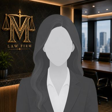 Faceless female lawyer avatar in a modern law firm office.