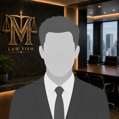 Illustration of a faceless suited man in a modern law firm office.