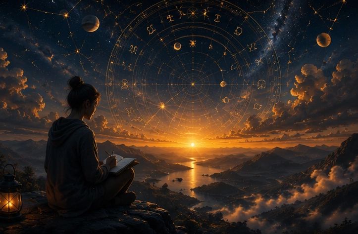 A person writes under a celestial zodiac sky at sunset.