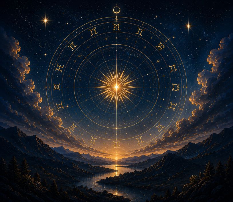 Zodiac symbols in a glowing starry sky over mountains and river.