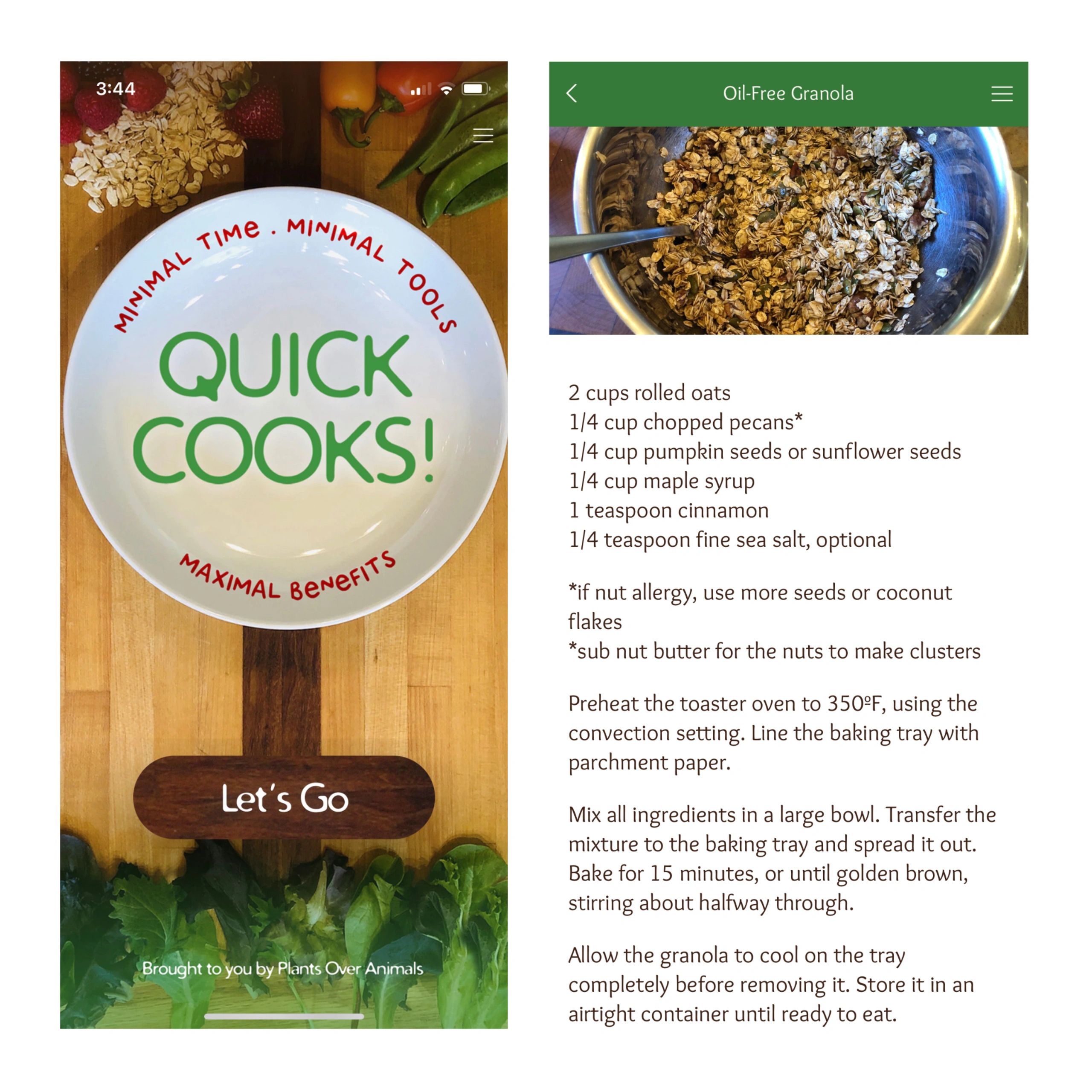 Screenshot of the Quick Cooks! app on a phone showing the homescreen and a recipe for granola.