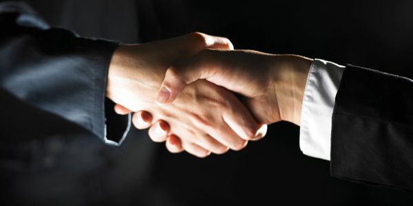 Close-up of a handshake between two people in business attire.
