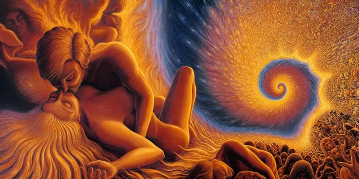 Surreal artwork depicting lovers in a cosmic, swirling embrace of light and shadow.