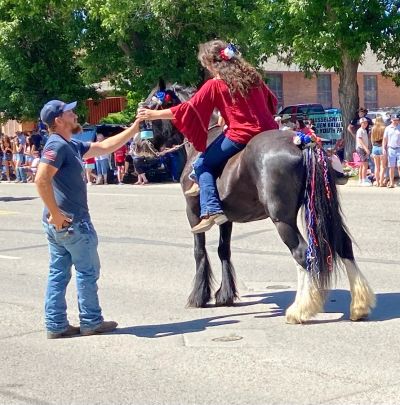 Woman on decorated horse shaking hands with a man during outdoor event.