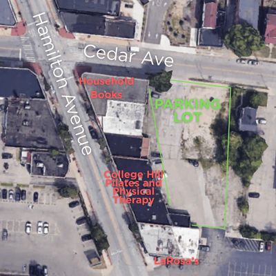 Aerial view of Cedar Ave and Hamilton Ave with labeled businesses and parking lot.