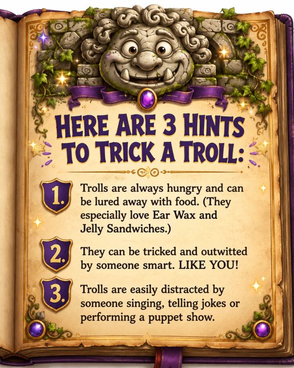 Sign gives hints to trick trolls for creative off-screen play.