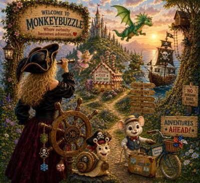 Illustrated map of Monkeybuzzle's story-adventure worlds for children ages 4-8.