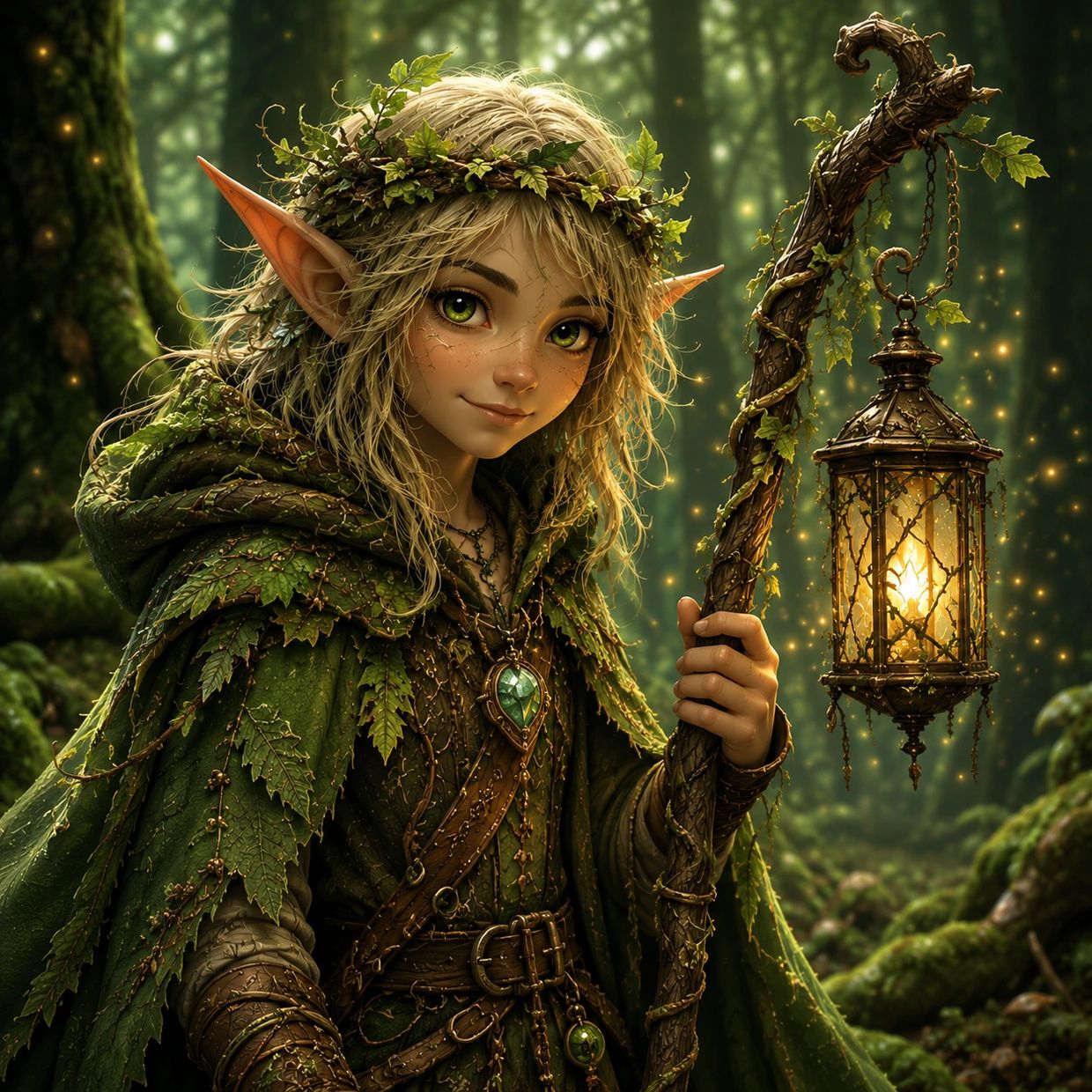 Elf with a lantern in a magical forest adventure play for kids.