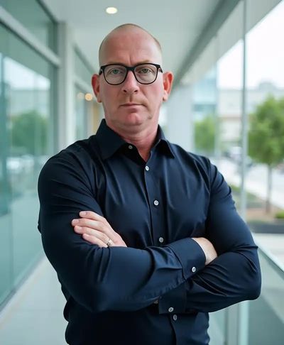 Confident man with glasses and crossed arms in a modern office corridor.