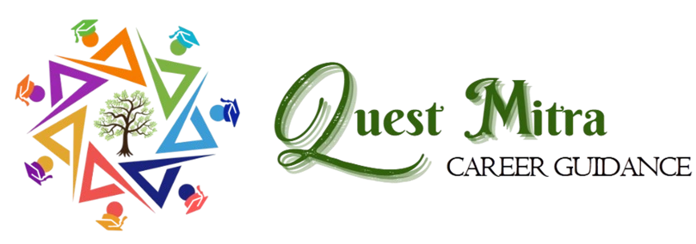 Colorful logo with people figures and a tree, reading 'Quest Mitra Career Guidance'.