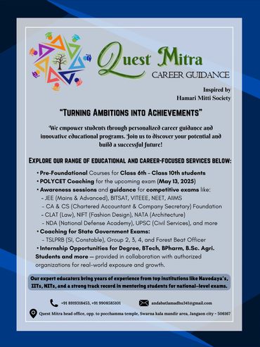Quest Mitra offers personalized career guidance and coaching for students from Class 6 to competitive exams and internships.