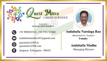 Quest Mitra Career Guidance contact card with founder and managing director details.