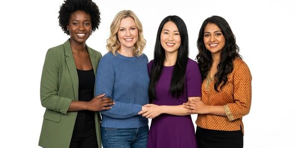 Four diverse women smiling and posing together against a white background.