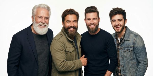Four men of different ages smiling together against a white background.