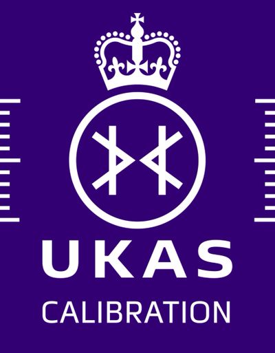 UKAS Calibration logo with crown symbol on purple background.