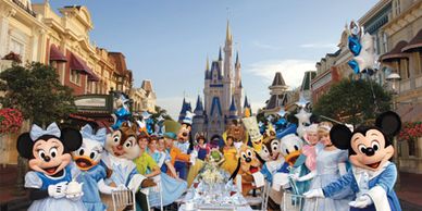 Walt Disney World Orlando Characters inviting customers to Magic Kingdom Theme Park smiling happy